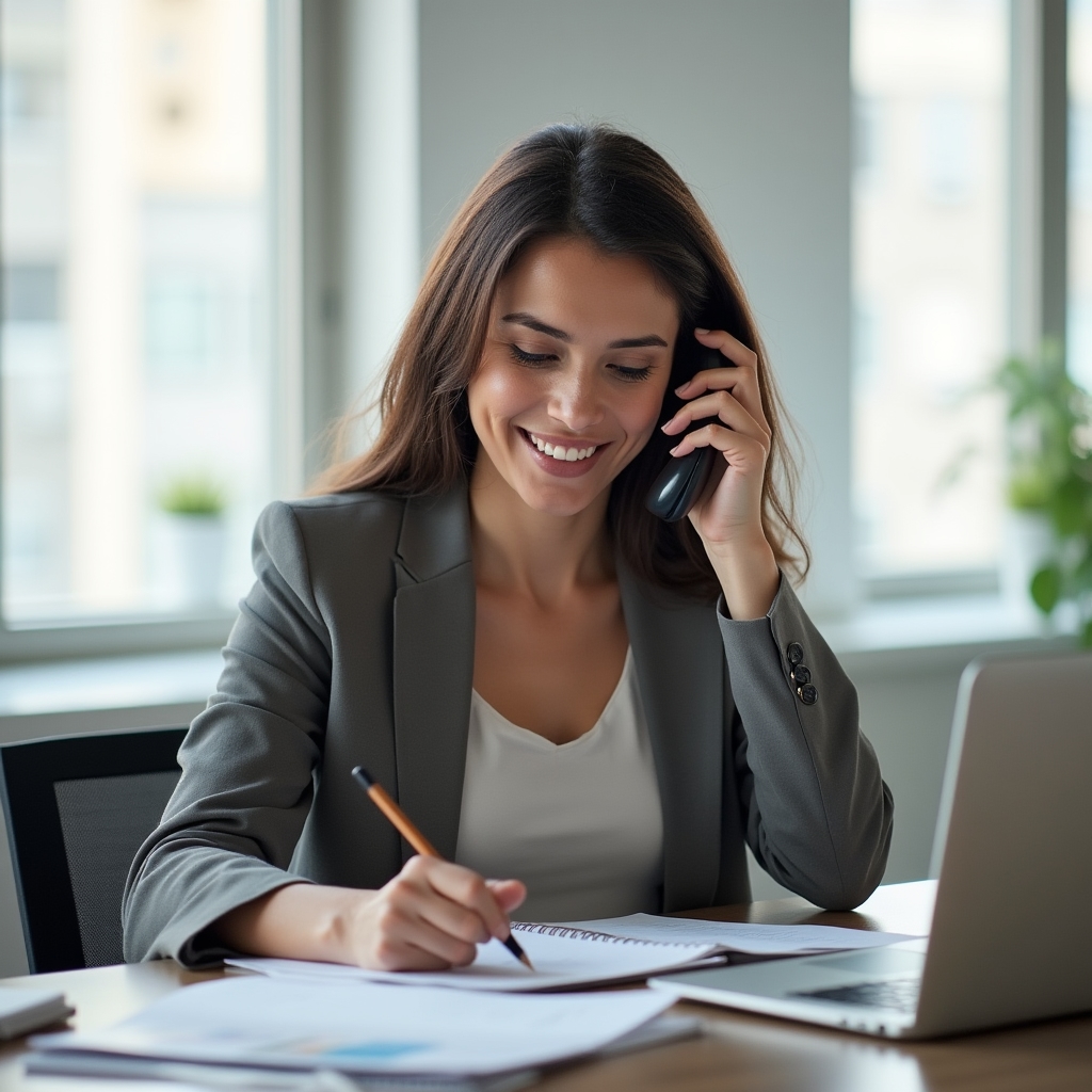 Person at an office desk handling an informational phone inquiry about biogas systems