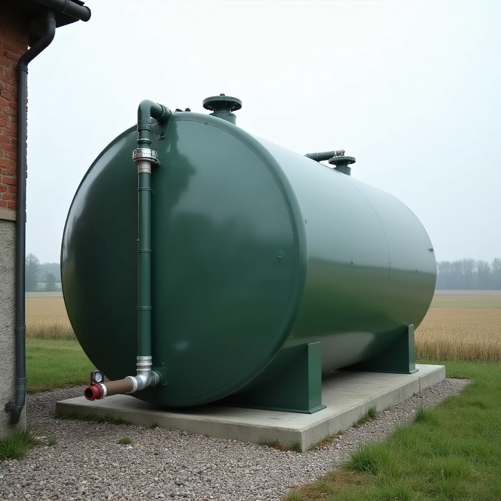 Small farm-scale biodigester tank installation next to a barn in the Polish countryside