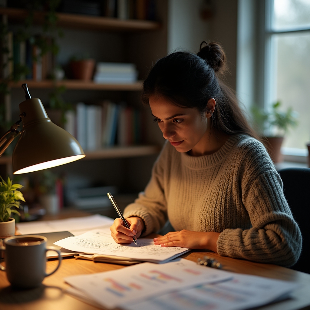 Person compiling technical notes on anaerobic digestion at a farm office desk